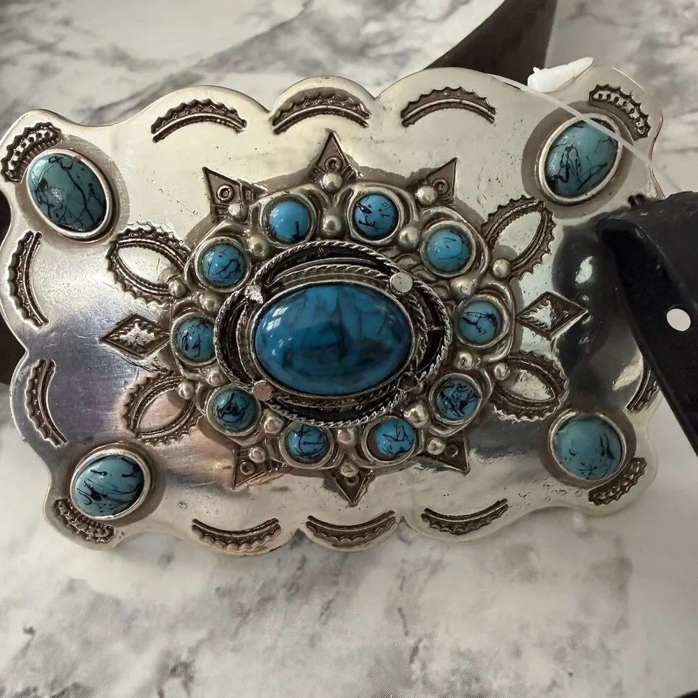 Guess Genuine Mens Leather Concho Belt Western Faux Turquoise Buckle Boho XL NWT